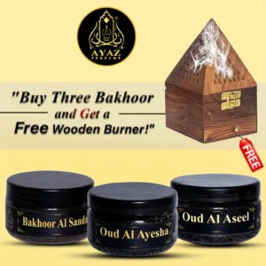 Ayaz Perfume ( Bakhoor Al Sanda, Oud Al Ayesha, Oud Al Aseel, 40g Each ) + (1) Free Wooden Bakhoor Burner, ( Combo Pack of 3 )