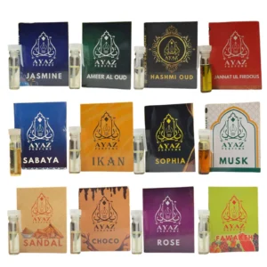 Ayaz Attar 12 Pcs 1ML Combo Pack – Ameer Al Oudh, Choco, Fawakeh, Hashmi Oud, iKan, Jannat ul Firdous, Jasmine, Musk, Rose, Sabaya, Sandal, Sophia | Long-Lasting Alcohol-Free Attar