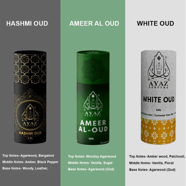 Combo Pack of 3 Attars – Hashmi Oud, Ameer Al Oud & White Oud | Premium Arabic Fragrance Oils | 100% Alcohol-Free | Long Lasting Perfume for Men & Women | 6ml x 3 Bottles