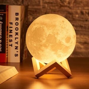 REFULGIX 3D Moon Lamp 15cm with Wooden Stand | 7 Color Changing LED Touch Sensor Night Light | USB Rechargeable Moonlight Table Lamp for Bedroom, Kids, Home Décor, and Festival Gifts