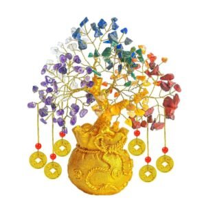Crocon Seven Chakra Tree of Life – Crystal Healing Bonsai Tree with 6 Feng Shui Coins & Potli Base – Chakra Tree Crystal for Reiki, Meditation, Energy Balance – Gift for Women