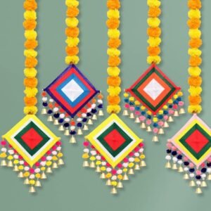 JH Gallery Handmade Artificial Marigold Fluffy Flowers Colorful Woolen Kite Bells Hanging (44 Inches Height Approx. Pack of 5)
