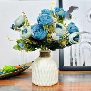 Dekorly Artificial Peony Flowers Bunch | White Vase with Flowers Bunch | Artificial Plants for Home Office Hotel Decor | Bedroom Living Room Bathroom Decor (Blue, Height : 30CM)